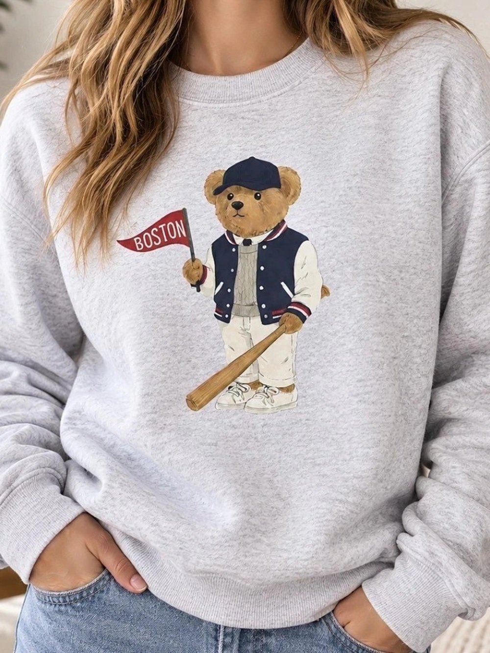 Boston Teddy Bear Baseball Varsity Jacket Flag Sports Sport Grey Sweatshirt